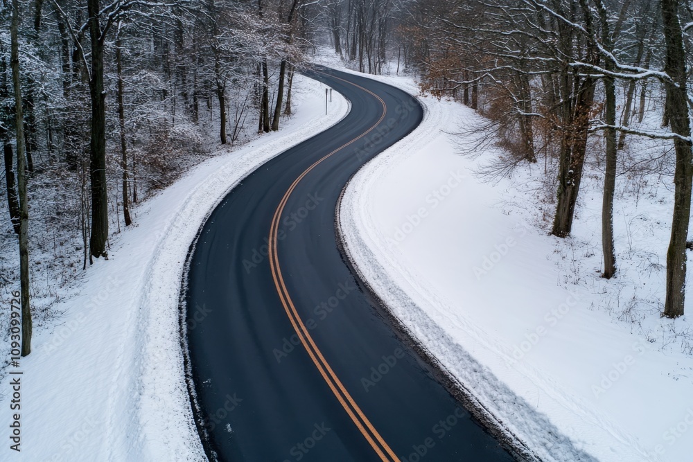 A picturesque image of a serpentine road, covered in pristine snow, surrounded by trees, evoking feelings of peace, escape, and tranquility amidst winter's embrace. A picturesque image of a serpentine road, covered in pristine snow, surrounded by trees, evoking feelings of peace, escape, and tranquility amidst winter's embrace.