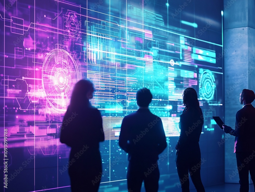 Glowing Digital Timeline Projected on Wall for Collaborative Business Teamwork to Meet Deadlines and Achieve Goals Glowing Digital Timeline Projected on Wall for Collaborative Business Teamwork to Meet Deadlines and Achieve Goals