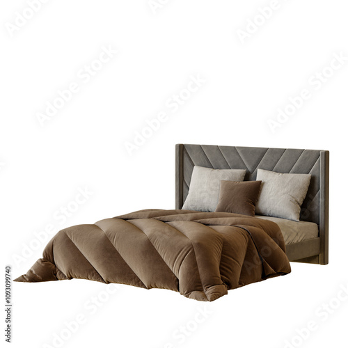 A bed with a brown comforter and pillows