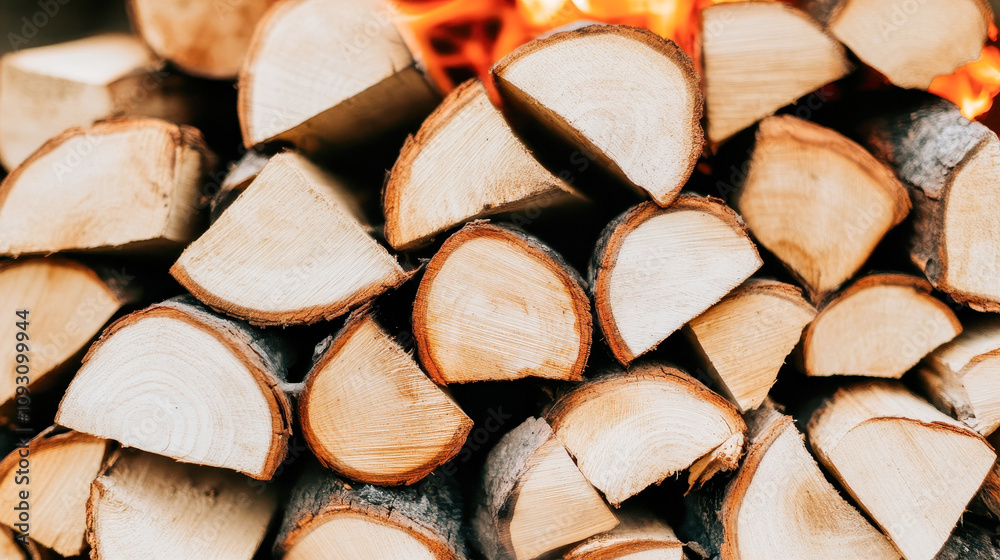 Close-up of neatly stacked firewood reveals the natural beauty of split logs in warm beige and brown tones. glowing background evokes cozy atmosphere, autumn and winter themes. Close-up of neatly stacked firewood reveals the natural beauty of split logs in warm beige and brown tones. glowing background evokes cozy atmosphere, autumn and winter themes.