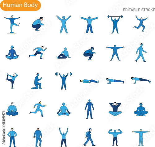 Human Body Fitness Icons Exercise, Workout, Yoga, Strength, Health