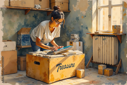 Young woman searching in cardboard boxes in a storage room