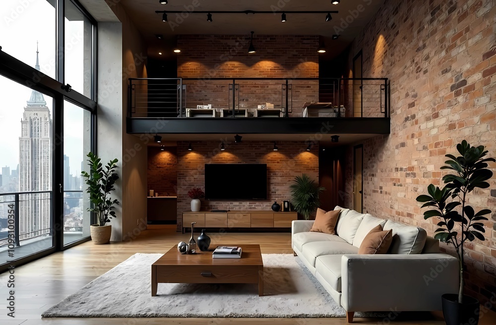 Modern loft apartment interior with an open floor plan, brick wall and an austere yet cozy style Modern loft apartment interior with an open floor plan, brick wall and an austere yet cozy style