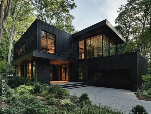 Contemporary Cubic Villa with Timber Cladded Black Walls in Forest Setting