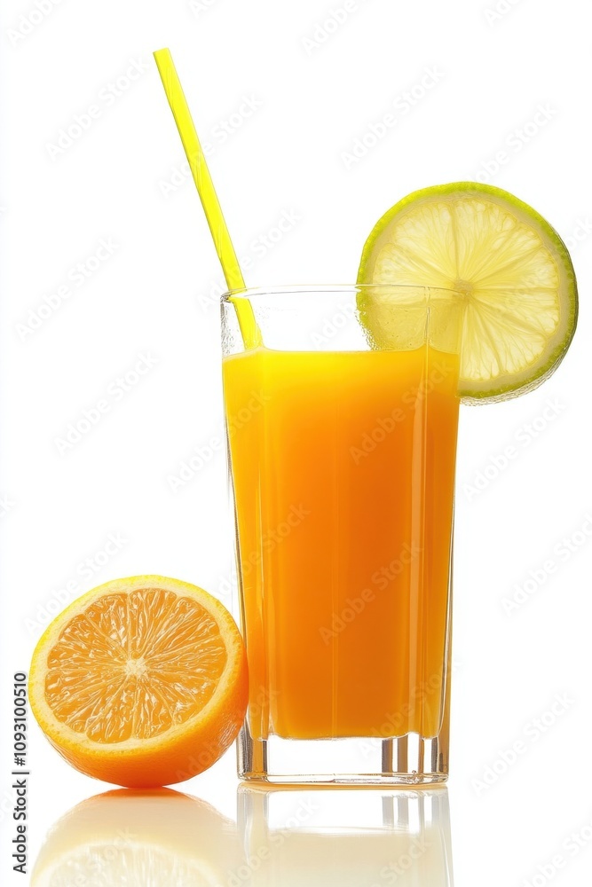 Fototapeta premium National Fresh Squeezed Juice Day Refreshing orange juice with lime and orange slices for a perfect summer beverage