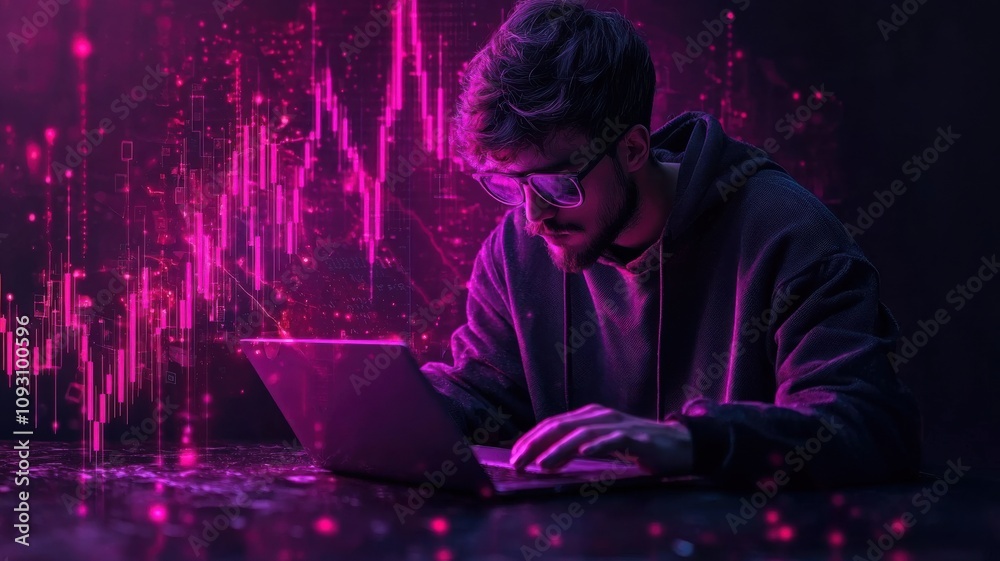 Focused person analyzing data with modern laptop in a vibrant digital environment. Focused person analyzing data with modern laptop in a vibrant digital environment.