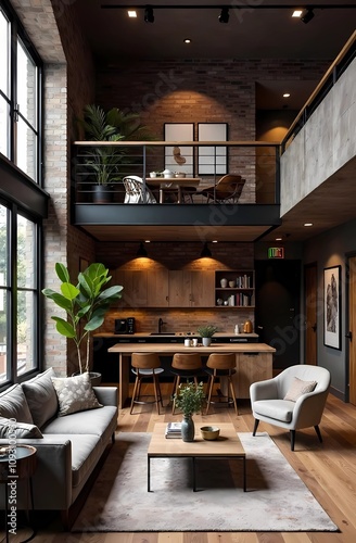 Modern loft apartment interior with an open floor plan, brick wall and an austere yet cozy style