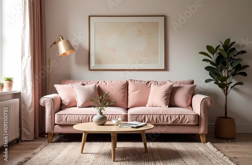 In the cozy living room  a stylish pink interior  complemented by a neat table  creates a warm atmosphere