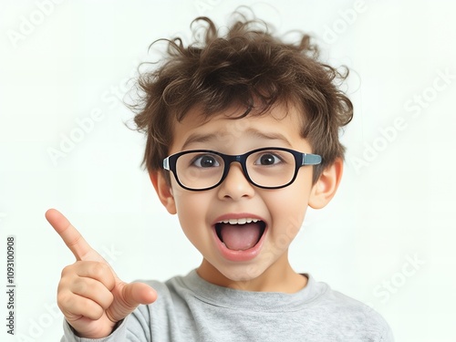 there is a young boy with glasses pointing at something.