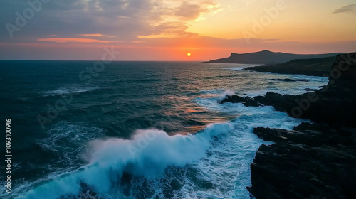 Spectacular drone photo, top view of seascape ocean wave crashing rocky cliff with sunset at the horizon as background. Beautiful coastal scenic landscape with turquoise water beating rocky boulder