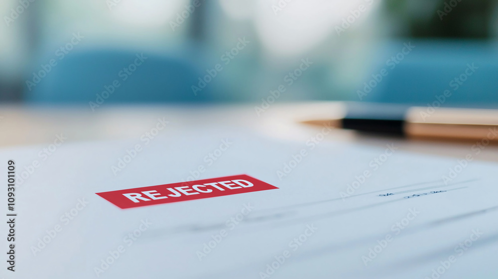 Fototapeta premium Business document with prominent red REJECTED mark, symbolizing disappointment and rejection in professional setting. blurred background adds focus