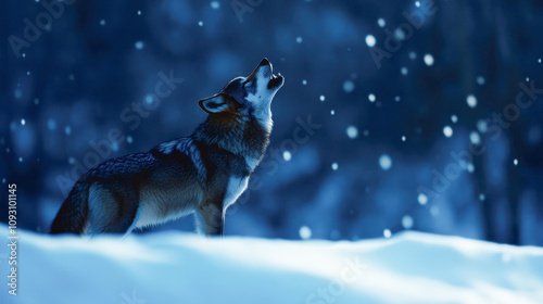 Majestic wolf howls gracefully in serene winter landscape, surrounded by softly falling snowflakes. scene embodies naturebeauty and wild spirit, wildlife themes. photo