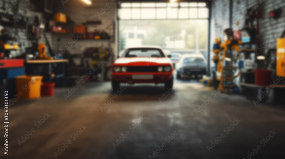 Fototapeta premium Car Repair Shop – Blurred Perspective of Automotive Garage Interior, Industrial Workshop Ambiance