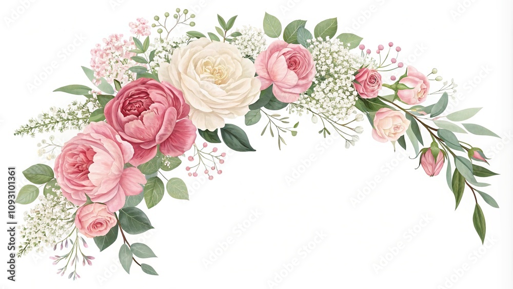 Elegant floral garland with roses peonies and baby's breath, romantic decoration, classic design, floral garland, rose arrangement Elegant floral garland with roses peonies and baby's breath, romantic decoration, classic design, floral garland, rose arrangement