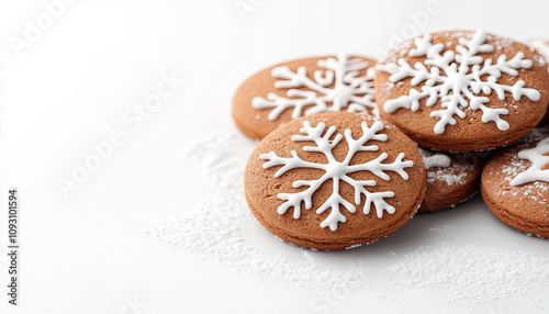 Decorative cookies with snowflake icing isolated on white background