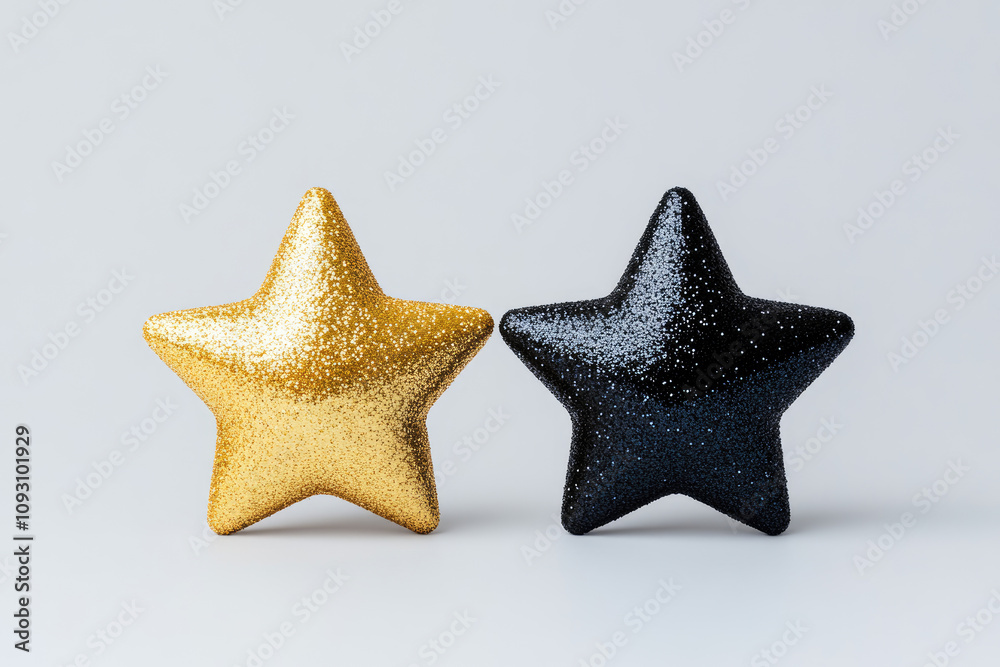 Gold and black glittery star decorations isolated on white background Gold and black glittery star decorations isolated on white background