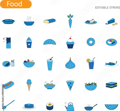 Blue Food Icon Set Delicious Cuisine, Editable Stroke Illustrations