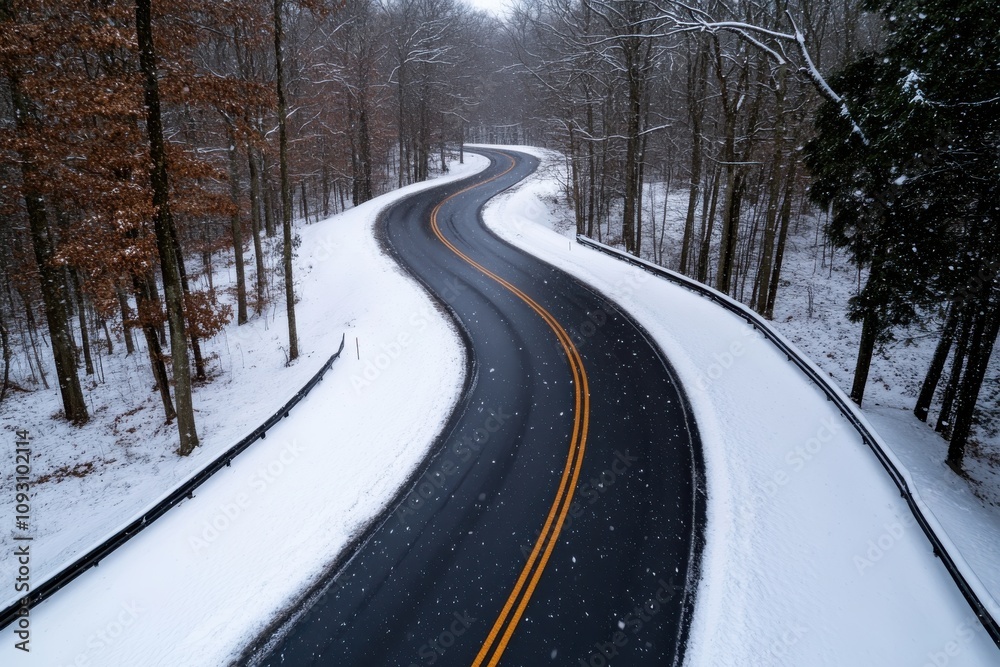 This stunning image showcases a serene curved road amidst a snowy landscape, surrounded by a mix of bare trees and those clothed in snow, indicating winter's embrace. This stunning image showcases a serene curved road amidst a snowy landscape, surrounded by a mix of bare trees and those clothed in snow, indicating winter's embrace.