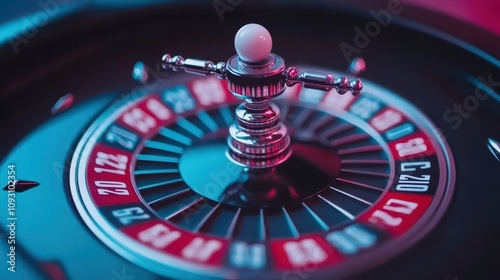 Vibrant close-up of spinning roulette wheel with gleaming ball captures the thrill of gambling. red and black colors evoke excitement, casino-themed marketing.