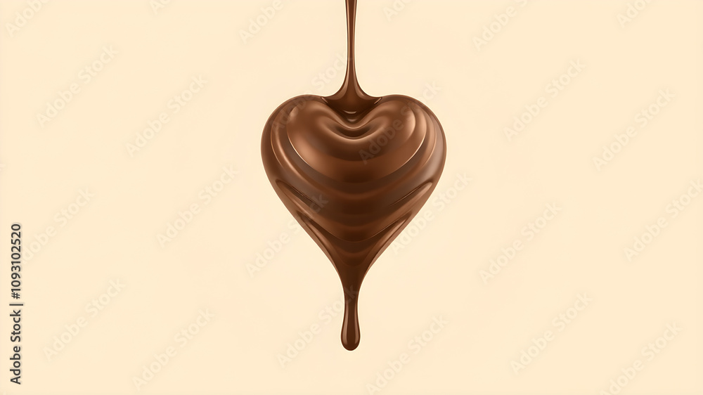 Obraz premium Chocolate Melted in the form of heart, Liquid dark chocolate on a beige background, 3d rendering.
