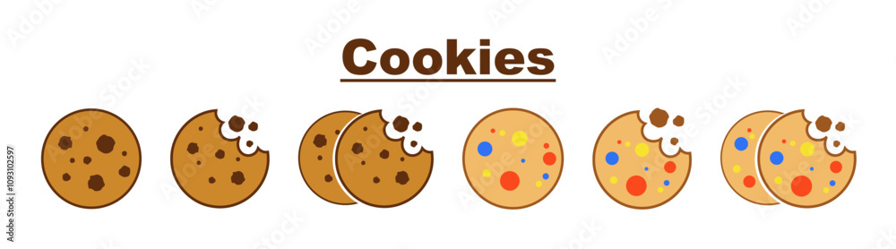 Round cookies with chocolate drops set. Bitten chip cookies icon set. Vector illustration Round cookies with chocolate drops set. Bitten chip cookies icon set. Vector illustration