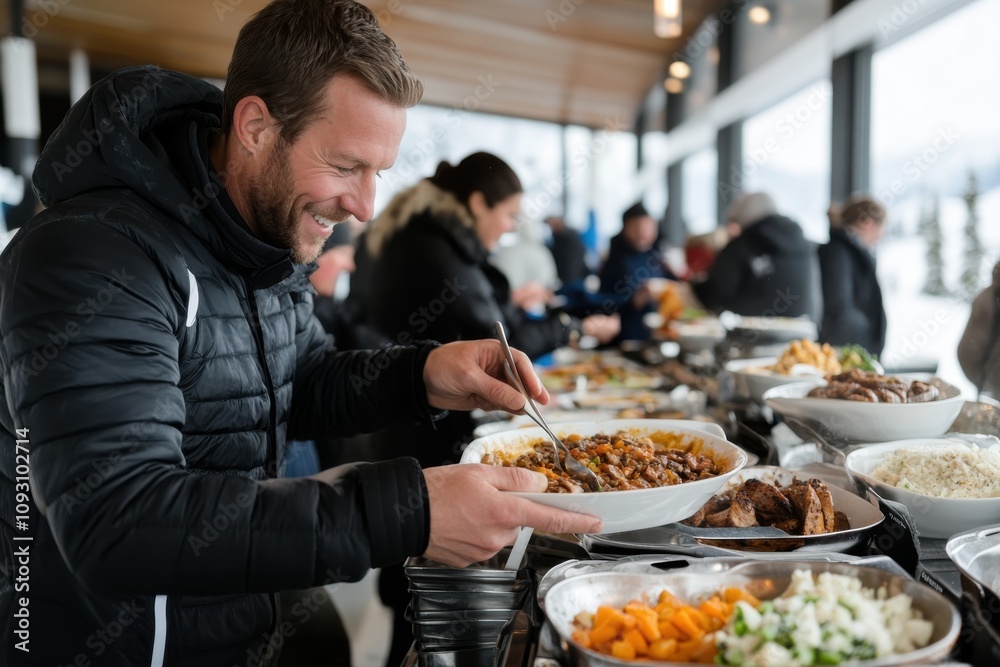 An inviting winter feast scene shows individuals joyfully selecting dishes from a vibrant spread, embodying warmth, community, and the delight of sharing meals in the snow. An inviting winter feast scene shows individuals joyfully selecting dishes from a vibrant spread, embodying warmth, community, and the delight of sharing meals in the snow.