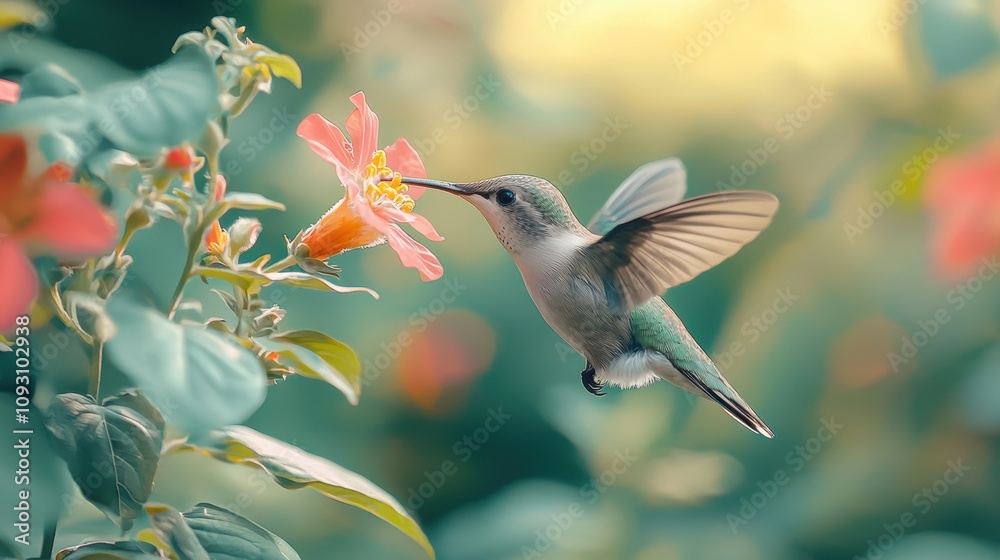 Obraz premium Vibrant Hummingbird Captivatingly Hovering Near Colorful Flower in a Sunlit Garden Showcasing Nature's Splendor and Intricate Detail of Wildlife Photography