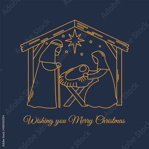 Manger scene Christmas line art on dark background