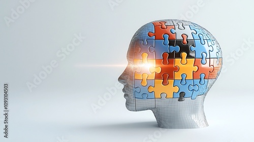 Glowing puzzle piece seamlessly integrated into the silhouette of a human head symbolizing the importance of mental health awareness and the interconnectedness of the mind and overall well being photo