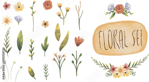 Watercolor Flowers and leaves set, floral watercolor illustration for greeting card, invitation, printing and design. Set watercolor of wild flowers, leaves and grass. Collection botanic garden