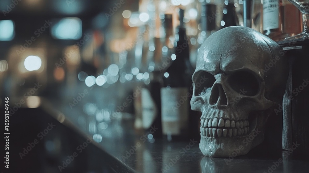 Captivating Close-Up of a Detailed Human Skull Against a Bar Backdrop Surrounded by Bottled Beverages for a Haunting, Atmospheric Vibe in a Social Setting