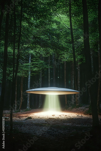 A small UFO hidden by trees in a dark forest, beam of light illuminating the ground photo