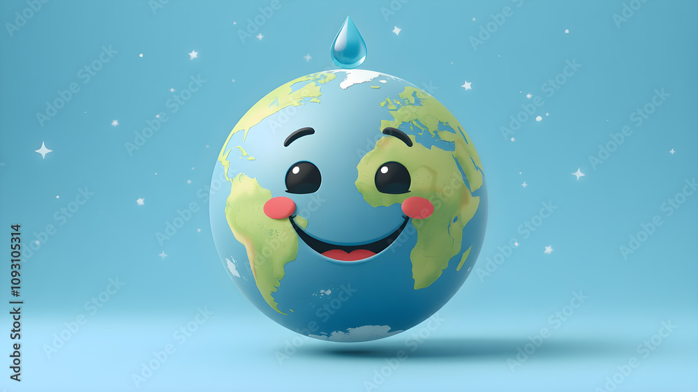 Naklejka premium Cute Earth with water droplet on top.World water day.save water for ecology and environment conservation concept design.3d Illustration.