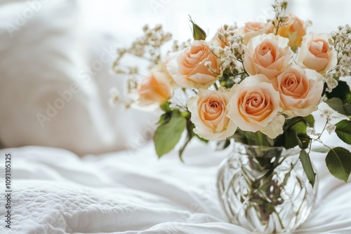 Minimalist Bedroom Interior with Romantic Beige Bedding and Flower Bouquet on Bedside Table