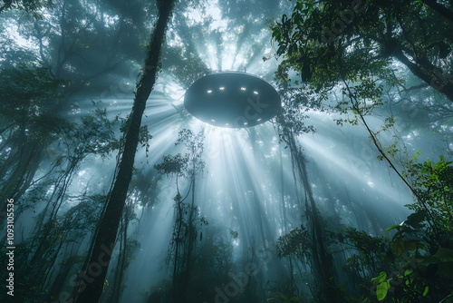 An UFO alien spaceship landing in a dense forest with trees silhouetted, beams of light shining through mist photo