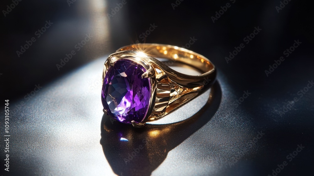 Elegant Gold Ring with a Large Purple Gemstone Radiating Light, Perfect for Jewelry Displays and Luxury Gift Concepts in Fashion Photography Elegant Gold Ring with a Large Purple Gemstone Radiating Light, Perfect for Jewelry Displays and Luxury Gift Concepts in Fashion Photography