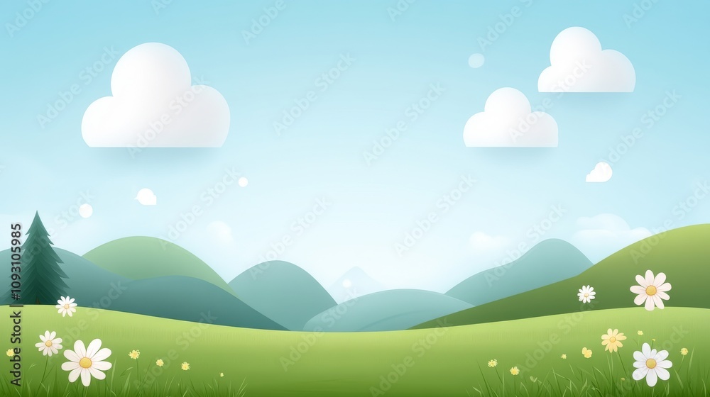Serene Spring Landscape with Rolling Green Hills, Soft Clouds, and Daisies in a Vibrant Natural Scene Perfect for Backgrounds and Creative Projects Serene Spring Landscape with Rolling Green Hills, Soft Clouds, and Daisies in a Vibrant Natural Scene Perfect for Backgrounds and Creative Projects