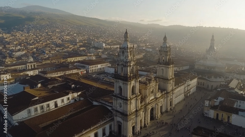 Fototapeta premium Aerial View of Historic Urban Landscape with Sunlight Glowing Over Rooftops and Towers Signifying Cultural Heritage in a Vibrant Cityscape