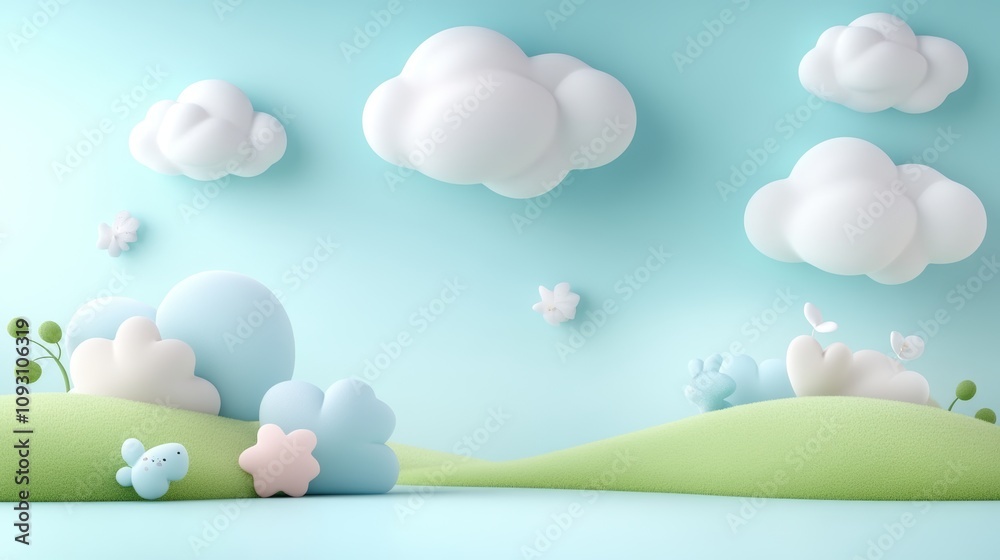 Dreamy Landscape with Soft Clouds and Cute Characters in a Pastel Color Palette, Ideal for Children's Themes and Imaginative Designs Dreamy Landscape with Soft Clouds and Cute Characters in a Pastel Color Palette, Ideal for Children's Themes and Imaginative Designs