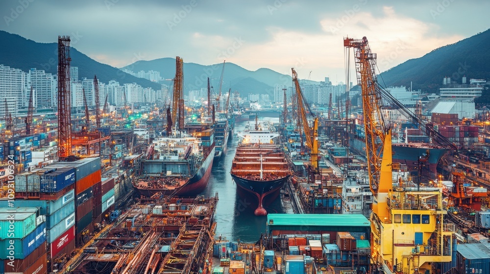 Aerial View of Busy Port with Cargo Ships, Cranes, and Containers Amidst a Scenic Mountainous Landscape at Dusk in a Modern Maritime Hub Aerial View of Busy Port with Cargo Ships, Cranes, and Containers Amidst a Scenic Mountainous Landscape at Dusk in a Modern Maritime Hub