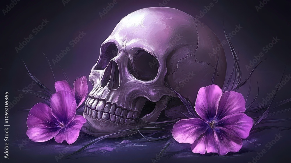 Mysterious purple skull with flowers dark background digital art gothic theme close-up view unique composition Mysterious purple skull with flowers dark background digital art gothic theme close-up view unique composition
