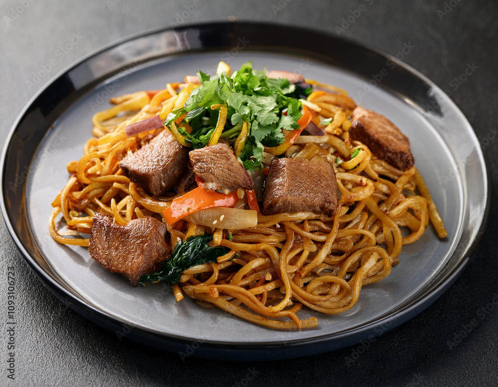 A plate of stir-fried noodles garnished with chunks of meat, colorful vegetables, and fresh herbs is served on a dark plate. A plate of stir-fried noodles garnished with chunks of meat, colorful vegetables, and fresh herbs is served on a dark plate.