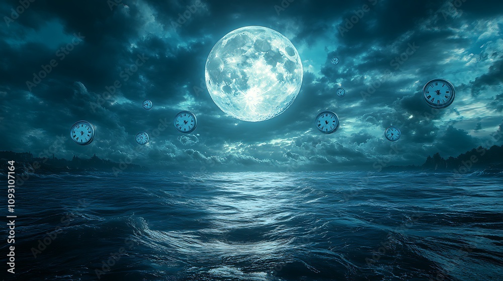 Ethereal moonlit ocean scene with timepieces tranquil waters fantasy Ethereal moonlit ocean scene with timepieces tranquil waters fantasy