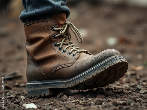 s foot in a pair of brown boots on a dirt ground. photo