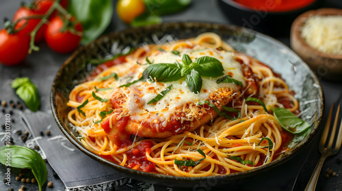 Photo Chicken Parmesan Tomato Basil Pasta Dinner