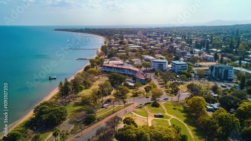 Federal Territory Day Coastal city aerial view with park and urban landscape in daylight