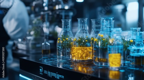 Modern Laboratory with Glass Flasks and Botanical Samples Under Blue Lighting Showcasing Scientific Research in a Cleanroom Environment