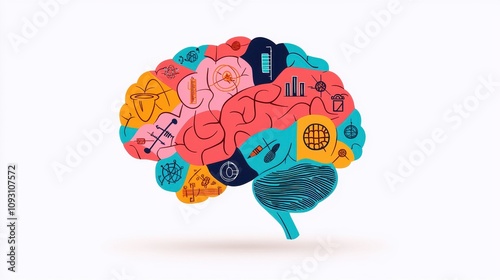 Colorful illustration of a brain filled with various symbols representing creativity, innovation, science, and technology in a modern and artistic style perfect for educational and promotional use.