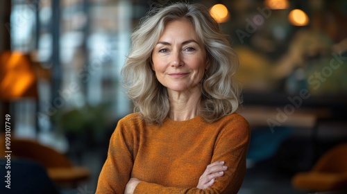 A confident woman with wavy hair smiles while crossing her arms, set in a modern interior.