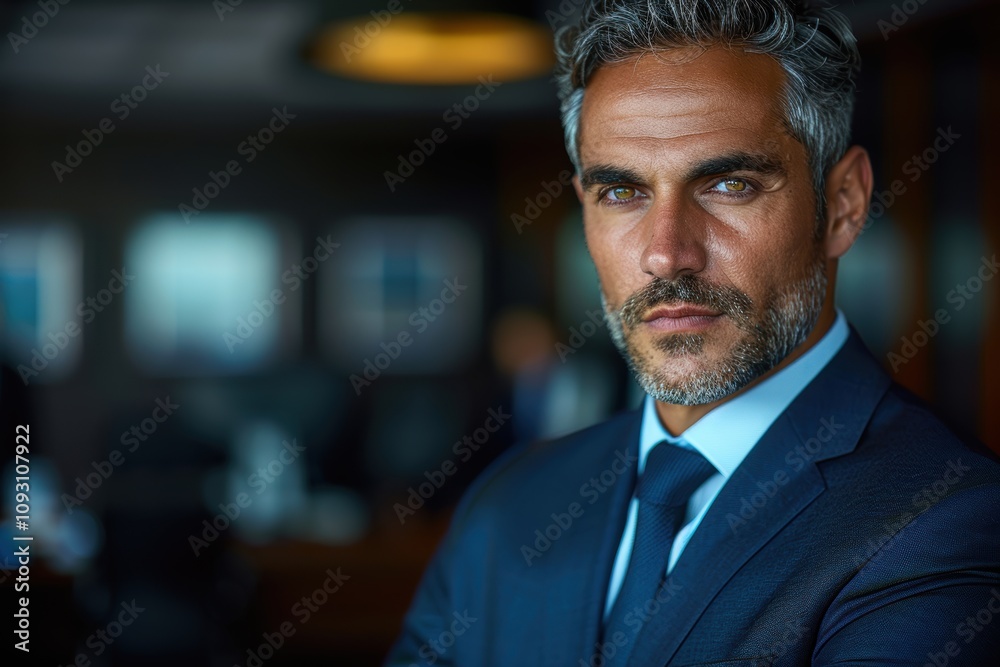 A confident and determined professional businessman wearing a blue suit, posing in a modern office environment with a focused expression A confident and determined professional businessman wearing a blue suit, posing in a modern office environment with a focused expression